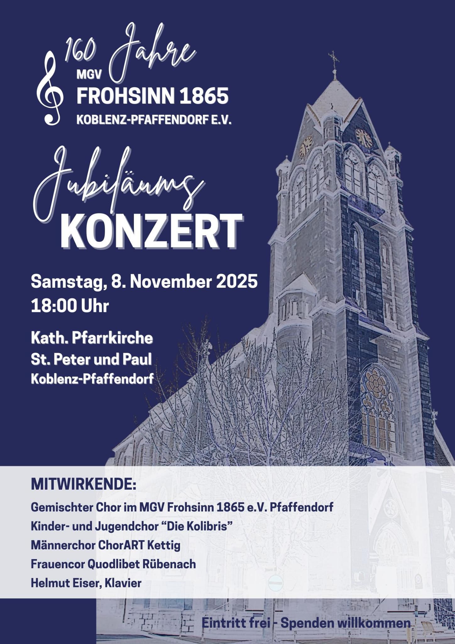 Jubiläums-Konzert MGV Frohsinn-Koblenz-Pfaffendorf e.V. 08.11.2025 18:00 Uhr Kathl. Pfarrkirche St. Peter und Paul Koblenz-Pfaffendorf